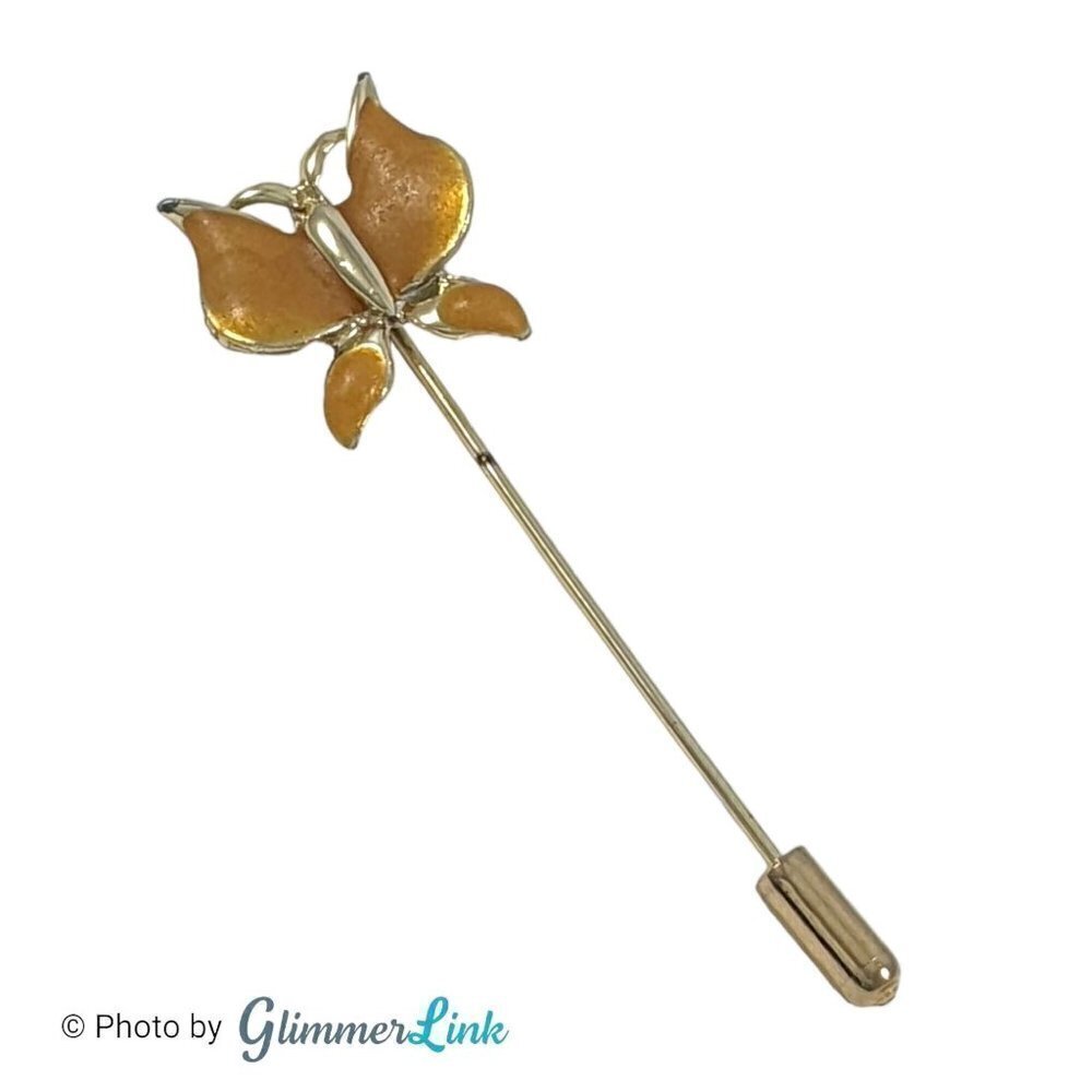 Vintage Enamel Yellow Orange Butterfly Gold Tone Stick Pin